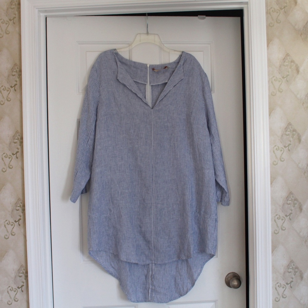 Soft Surroundings White/Blue Pinstriped Tunic 100% Linen XL